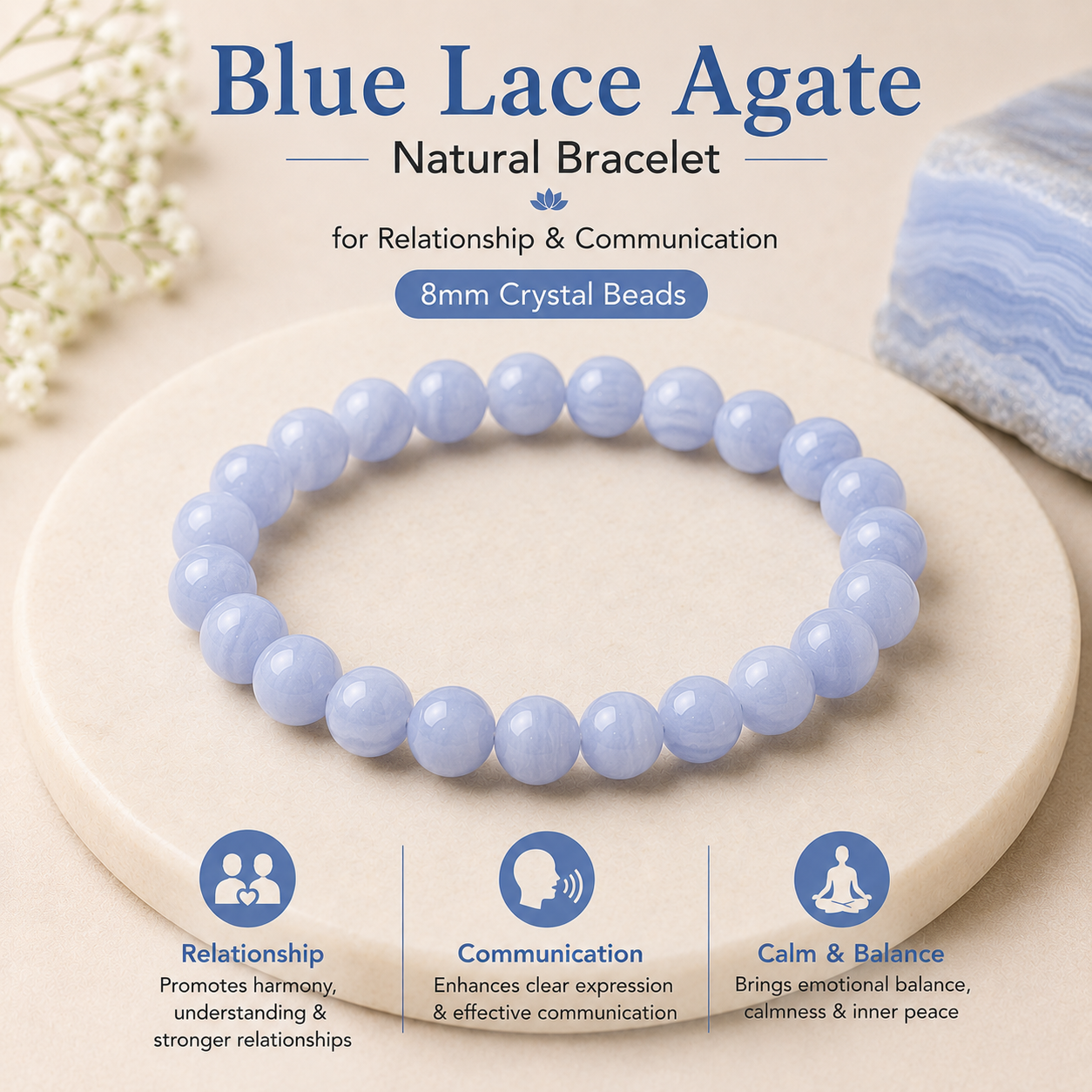 Natural Blue Lace Agate Bracelet For Relationship Communication