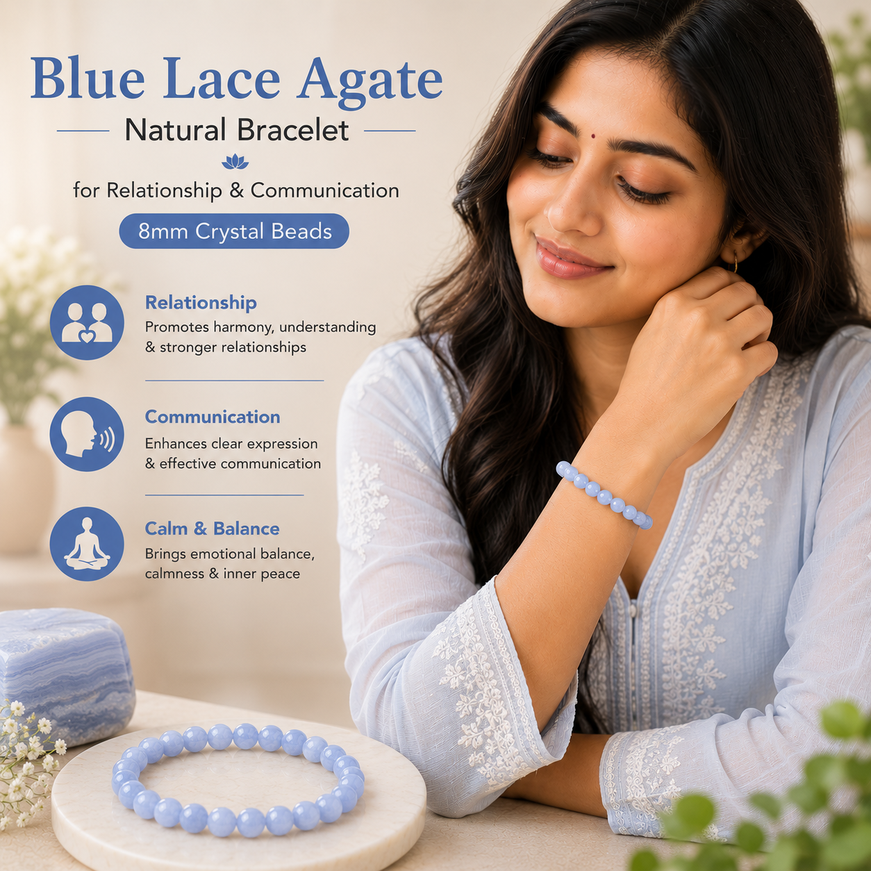 Natural Blue Lace Agate Bracelet For Relationship Communication