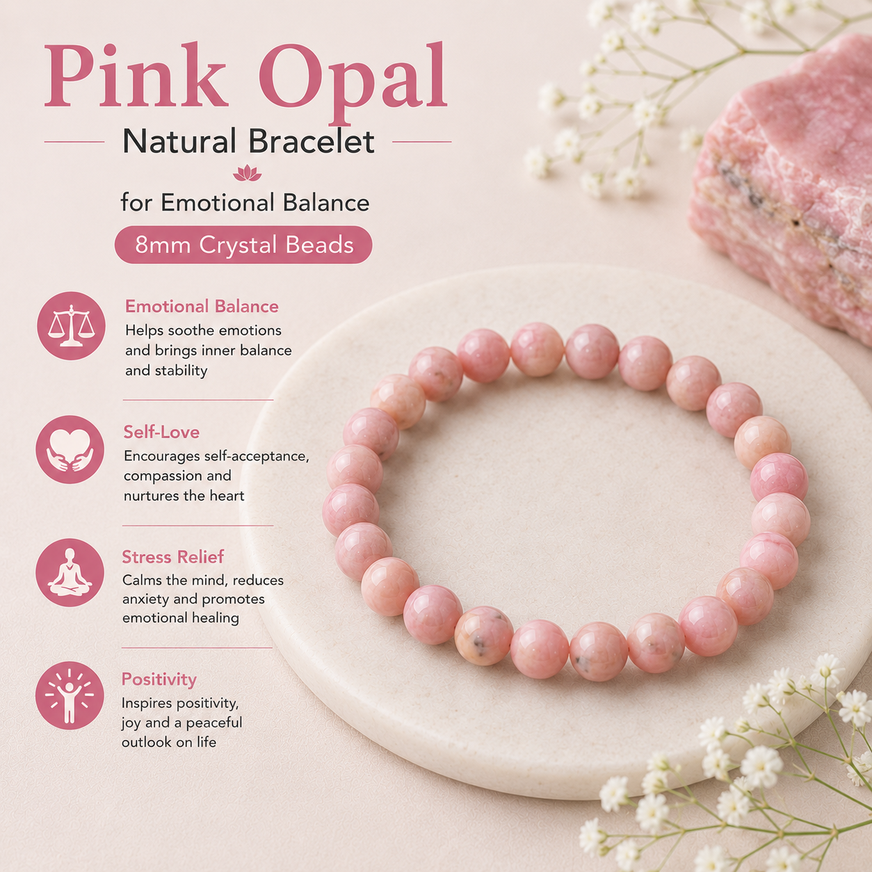 Natural Pink Opal Bracelet For Emotional Balance