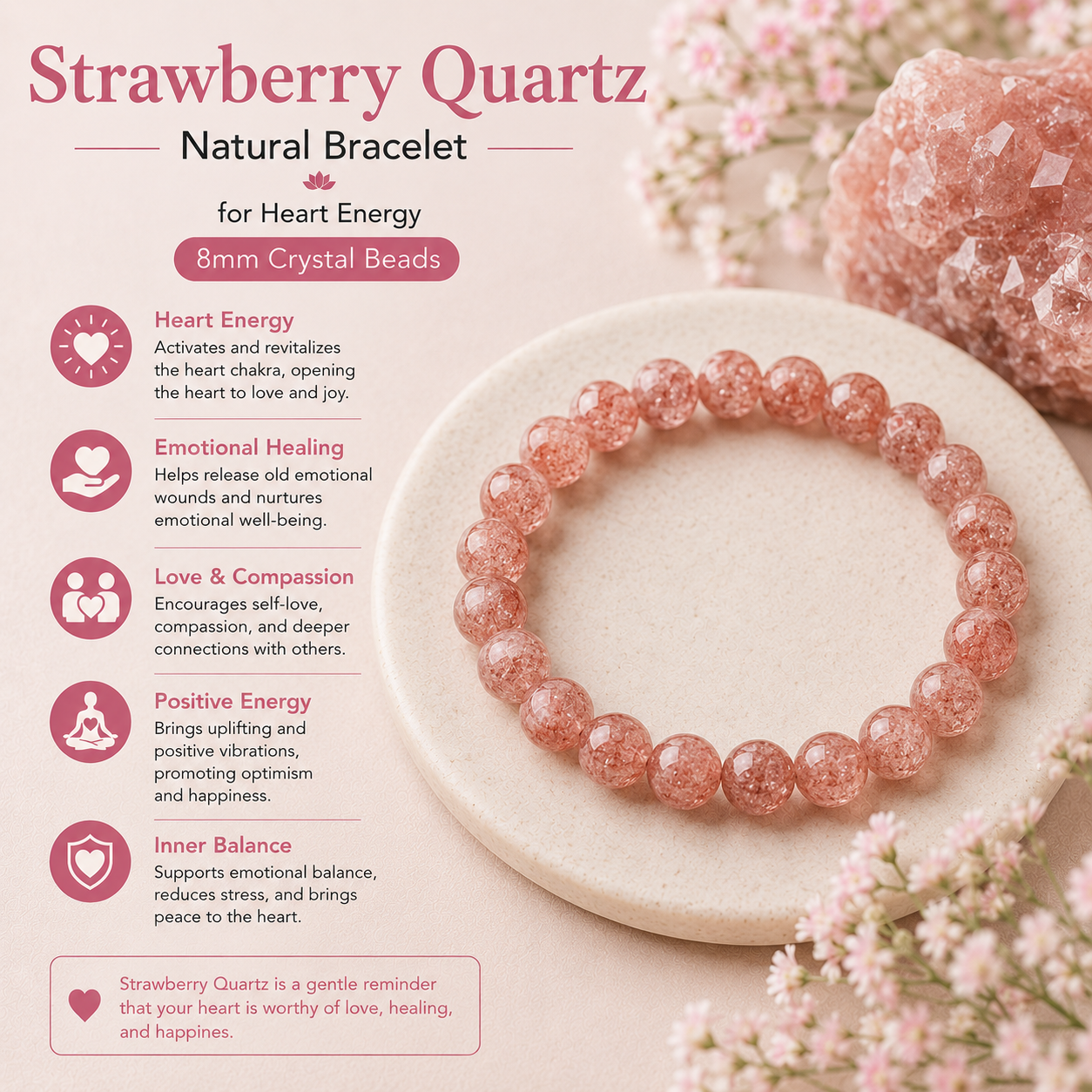 Natural Strawberry Quartz Bracelet For Heart Energy