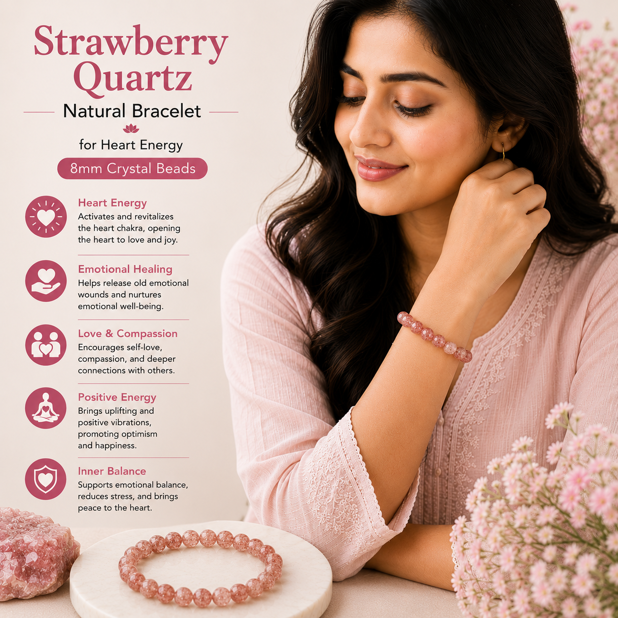 Natural Strawberry Quartz Bracelet For Heart Energy