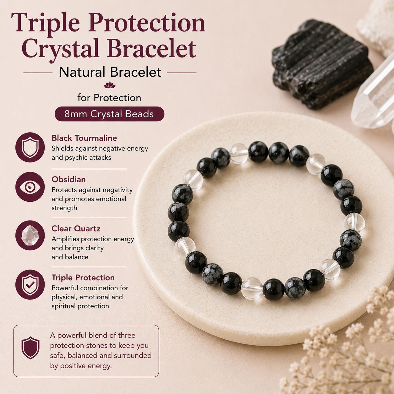 Natural Triple Protection Crystal Bracelet for Protection