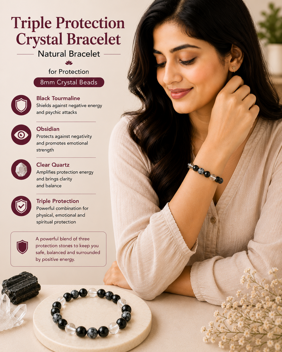 Natural Triple Protection Crystal Bracelet for Protection