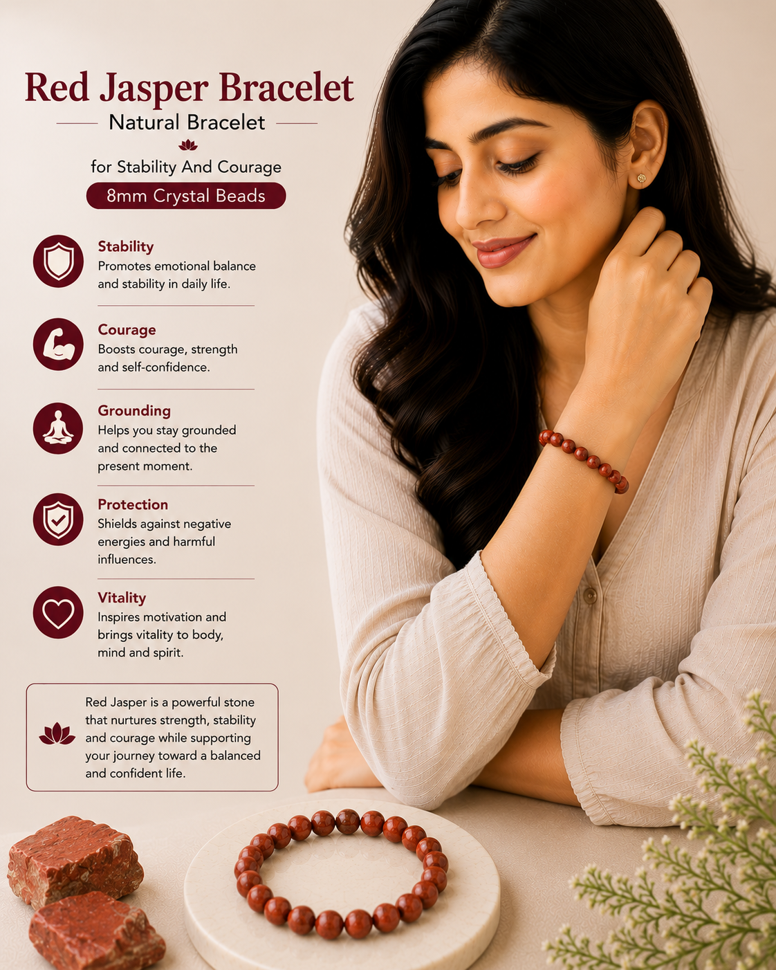 Natural Red Jasper Bracelet For Stability And Courage