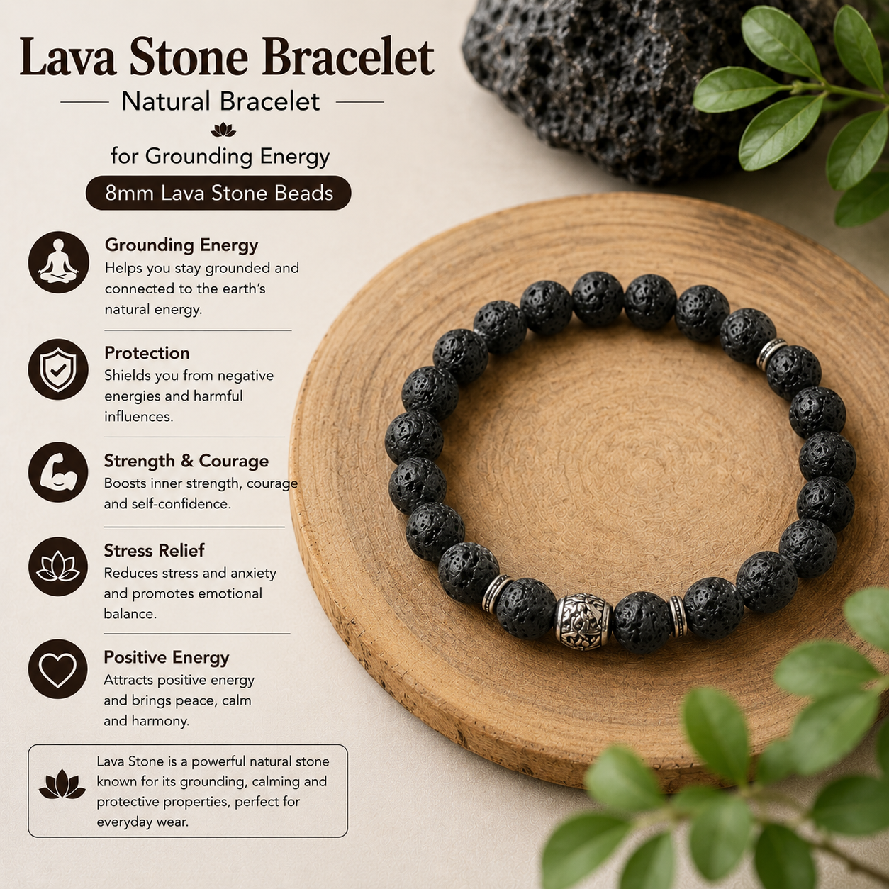 Natural Lava Stone Bracelet For Grounding Energy