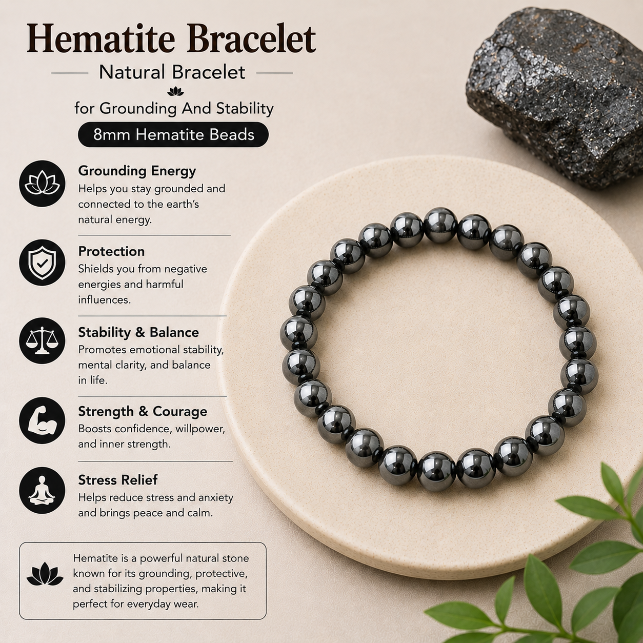 Natural Hematite Bracelet For Grounding And Stability