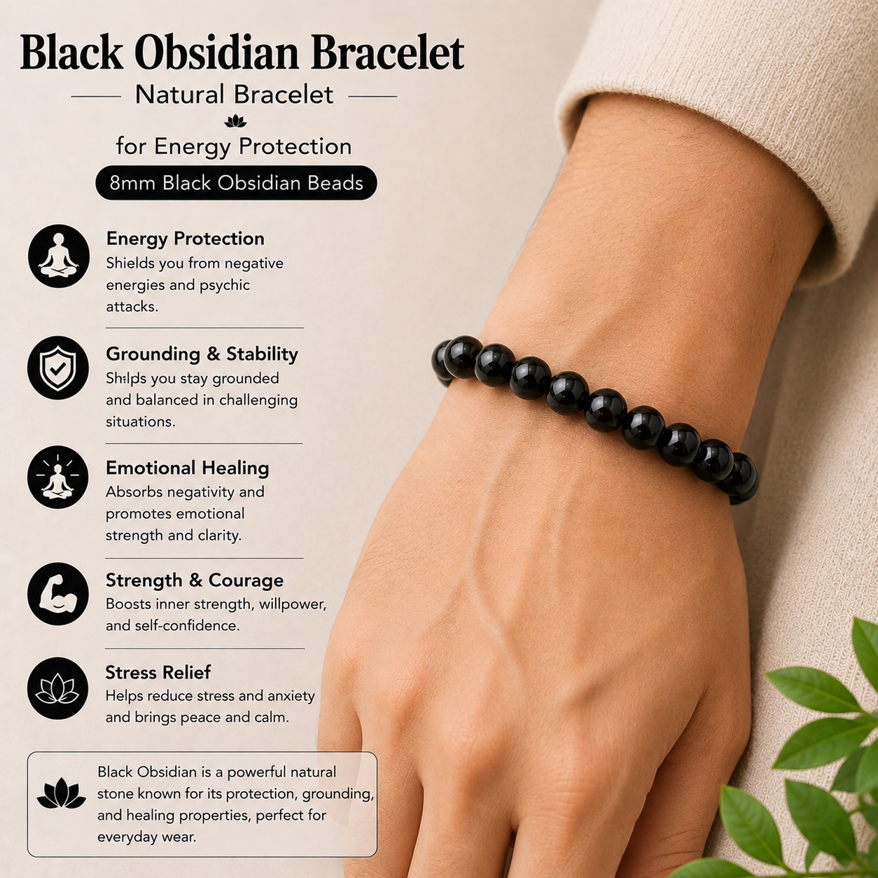 Natural Black Obsidian Bracelet For Energy Protection