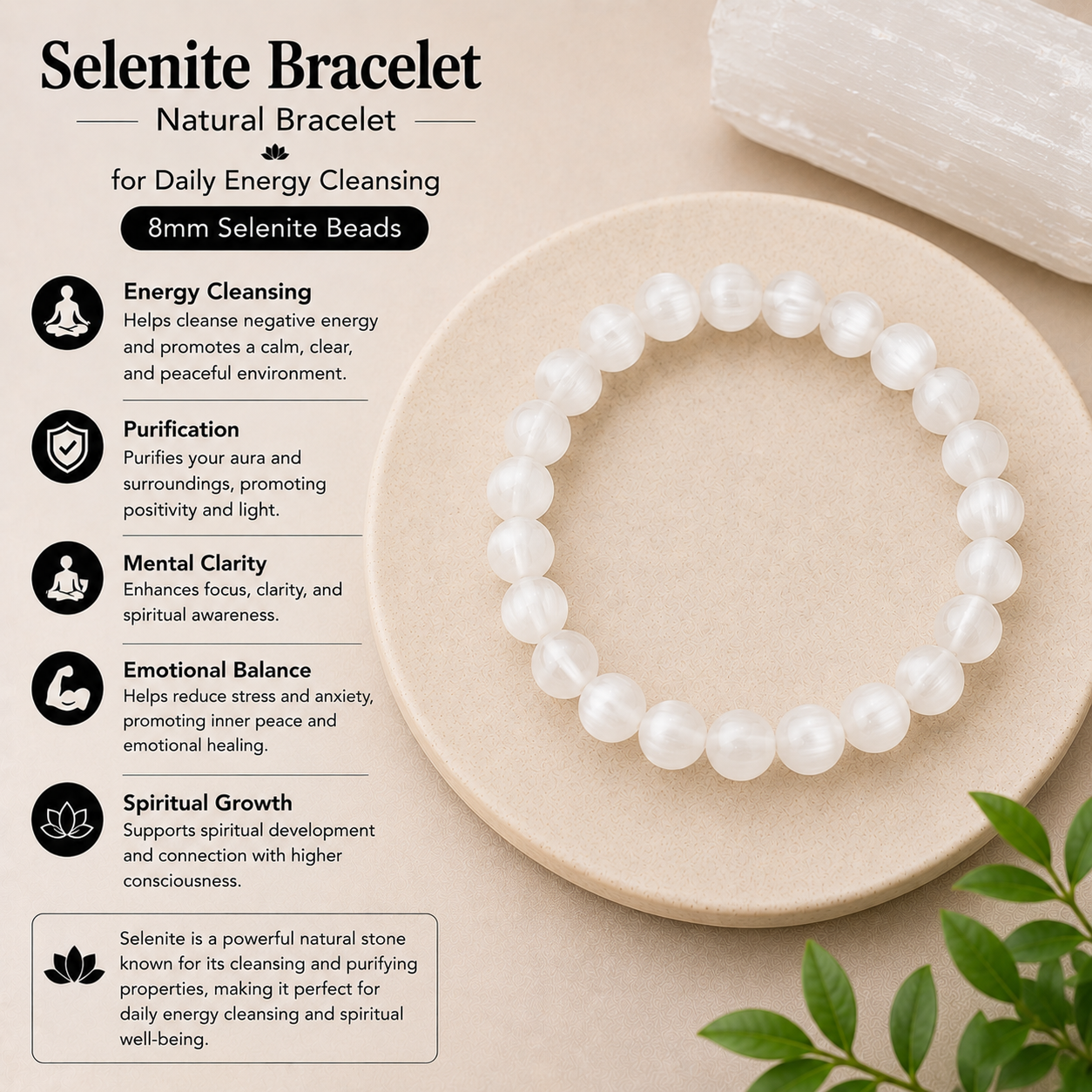 Natural Selenite Bracelet For Daily Energy Cleansing