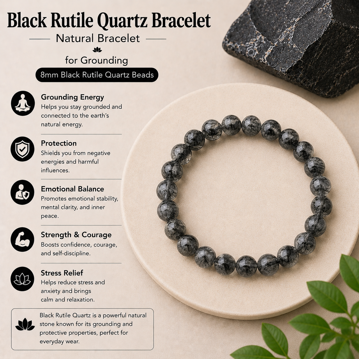 Natural Black Rutile Quartz Bracelet for Grounding