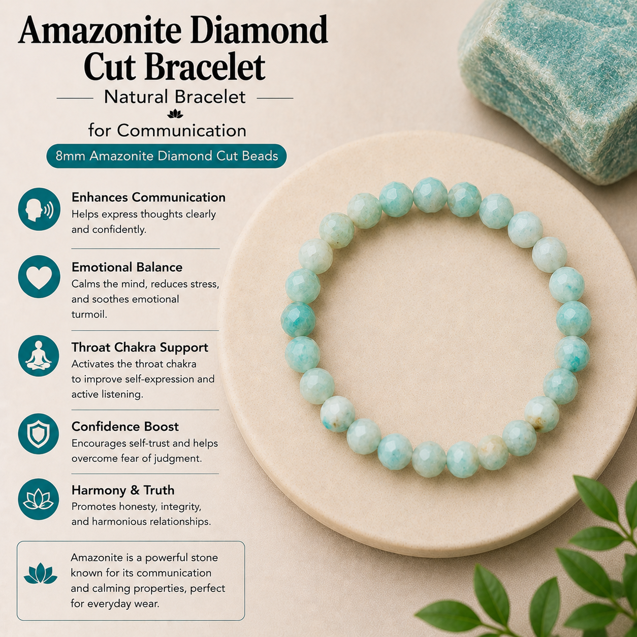 Natural Amazonite Diamond Cut Bracelet for Communication
