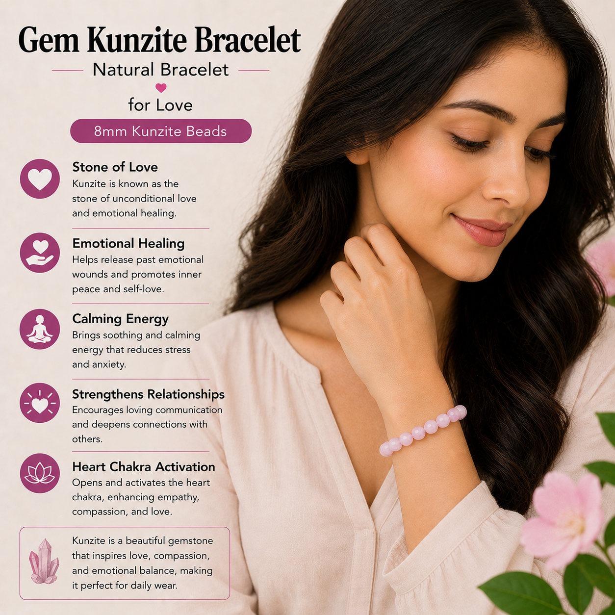 Natural Gem Kunzite Bracelet for Love