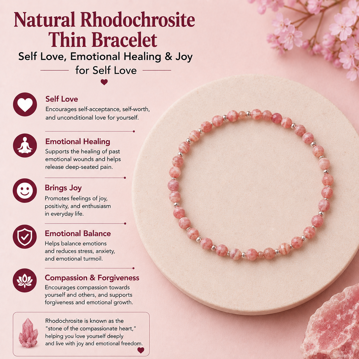 Natural Rhodochrosite Thin Bracelet Self Love Emotional Healing & Joy for Self Love