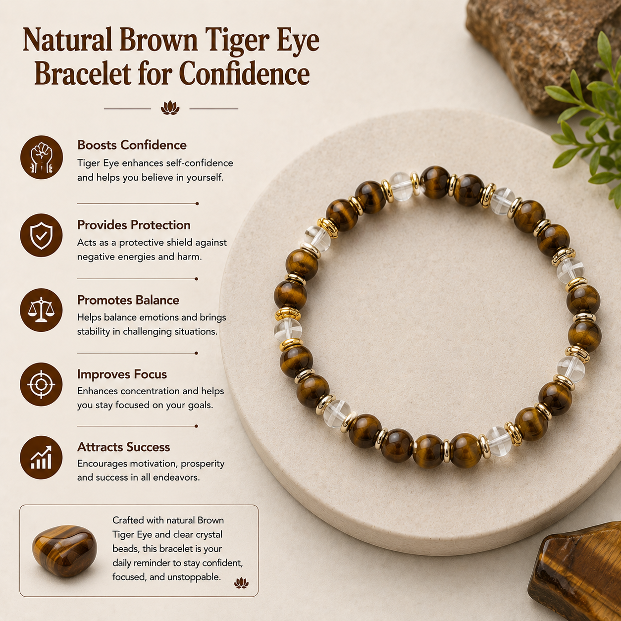 Natural Brown Tiger Eye Bracelet for Confidence
