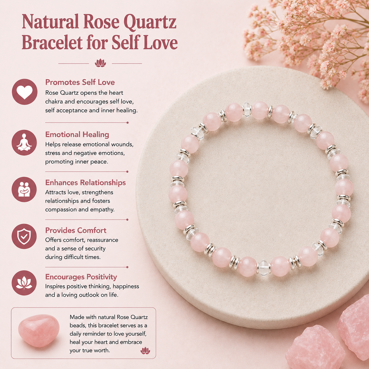 Natural Rose Quartz Bracelet for Self Love