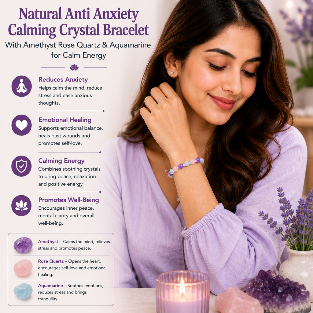 Natural Anti Anxiety Calming Crystal Bracelet With Amethyst Rose Quartz & Aquamarine for Calm Energy