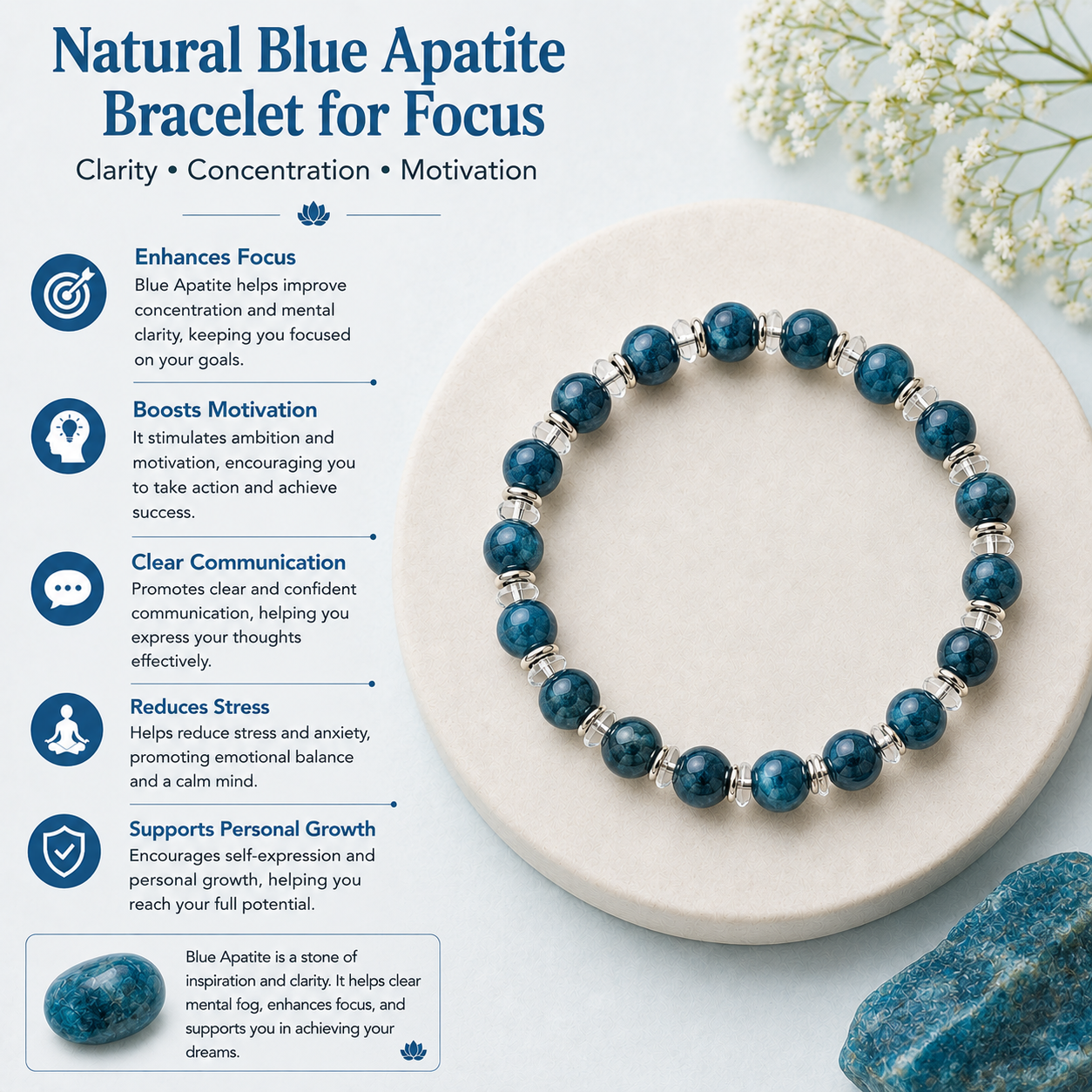 Natural Blue Apatite Bracelet for Focus