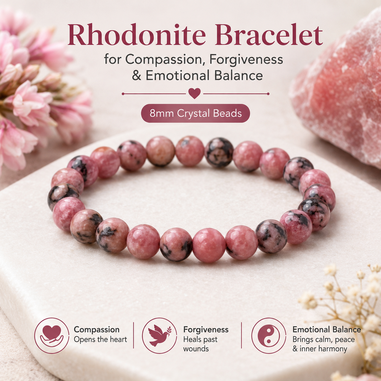 Rhodonite Bracelet for Compassion, Forgiveness & Emotional Balance | 8mm Crystal Beads