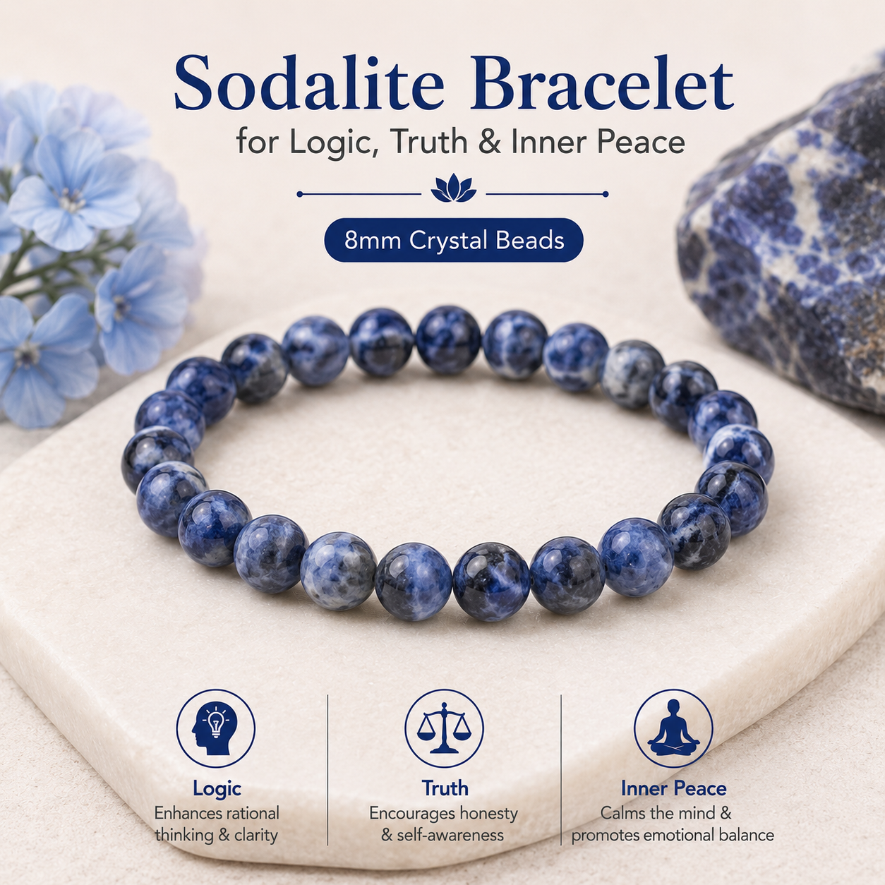 Sodalite Bracelet for Logic, Truth & Inner Peace | 8mm Crystal Beads