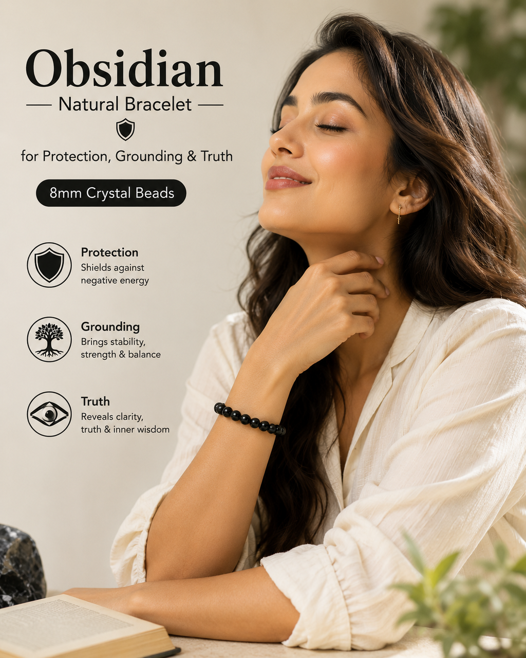 Obsidian Natural Bracelet for Protection, Grounding & Truth | 8mm Crystal Beads