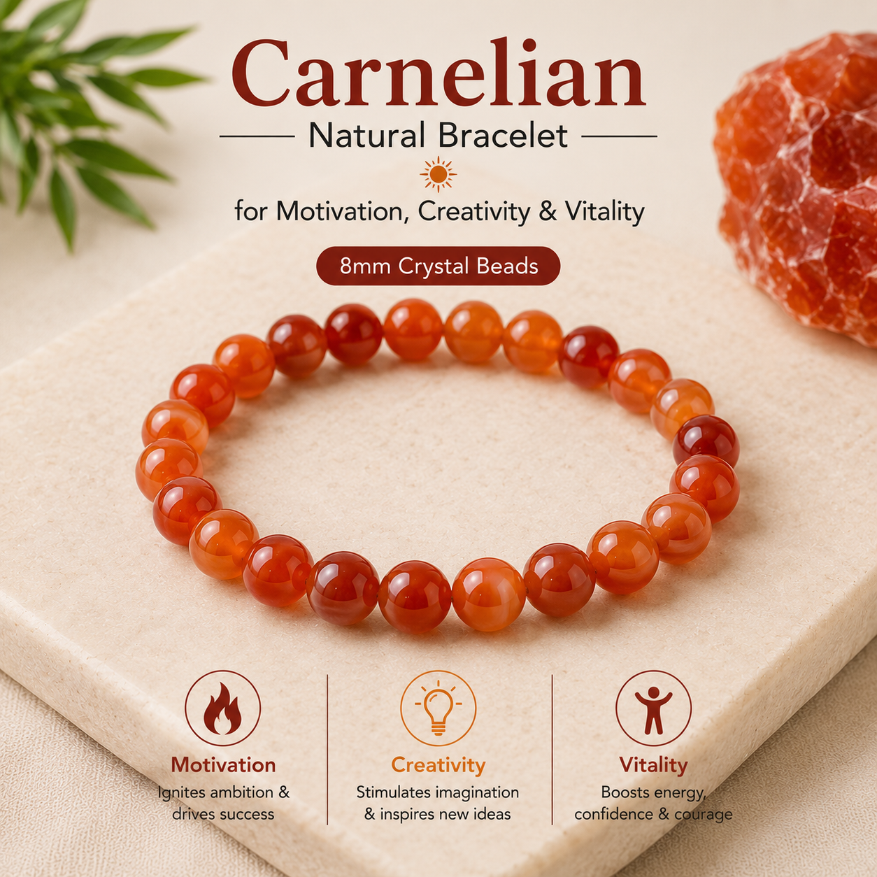 Carnelian Bracelet for Motivation, Creativity & Vitality | 8mm Crystal Beads