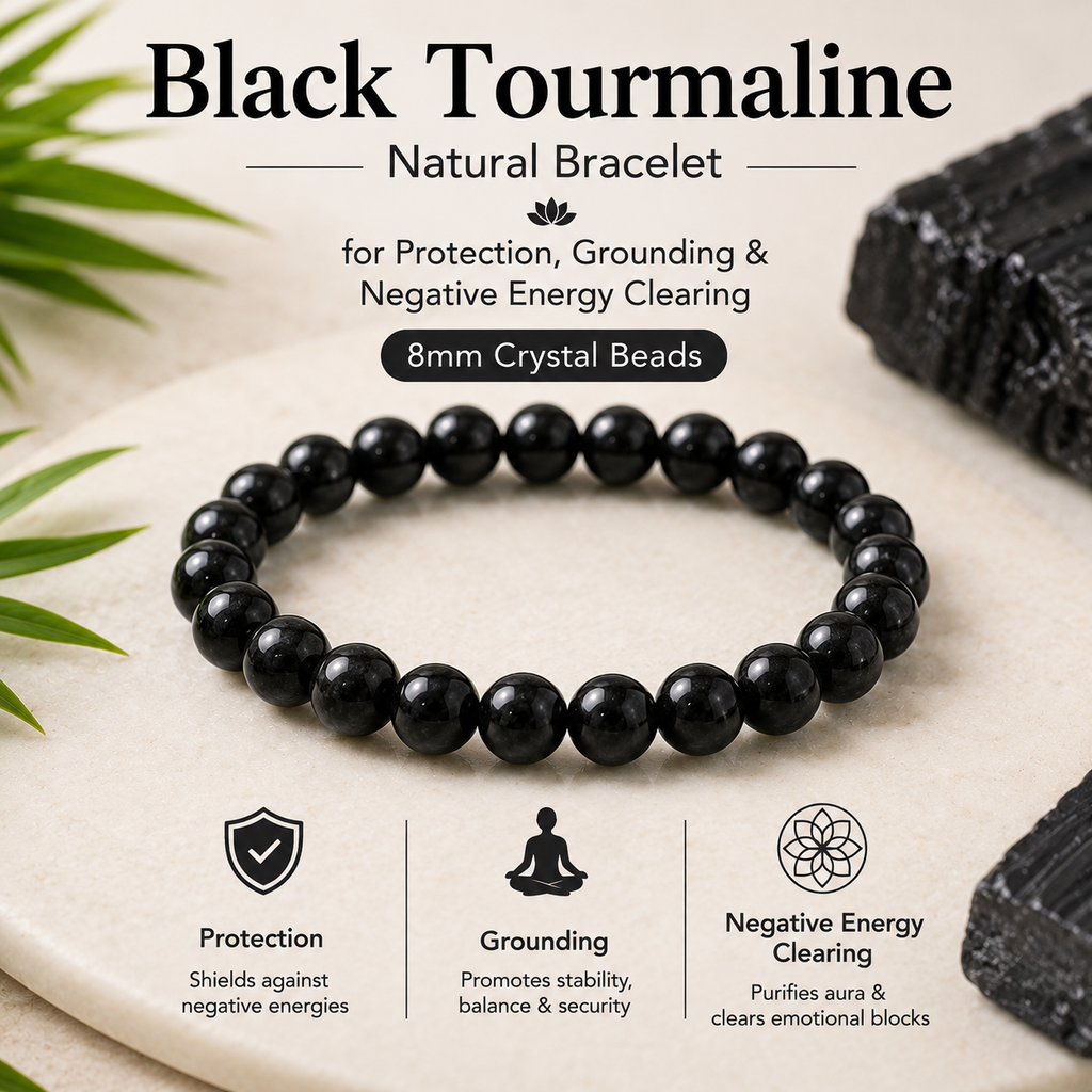 Black Tourmaline Natural Bracelet for Protection, Grounding & Negative Energy Clearing | 8mm Crystal Beads
