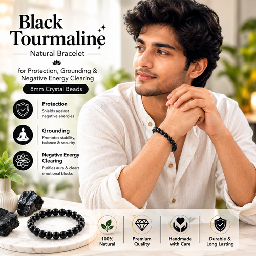 Black Tourmaline Natural Bracelet for Protection, Grounding & Negative Energy Clearing | 8mm Crystal Beads