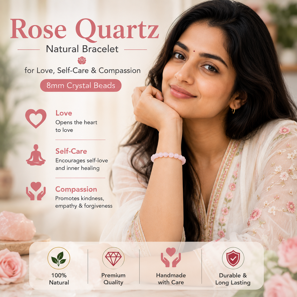 Rose Quartz Bracelet for Love, Self-Care & Compassion | 8mm Crystal Beads