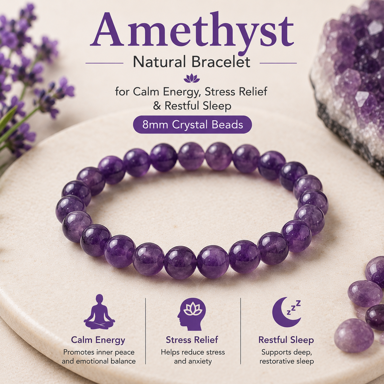 Amethyst Natural Bracelet for Calm Energy, Stress Relief & Restful Sleep | 8mm Crystal Beads