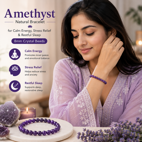 Amethyst Natural Bracelet for Calm Energy, Stress Relief & Restful Sleep | 8mm Crystal Beads