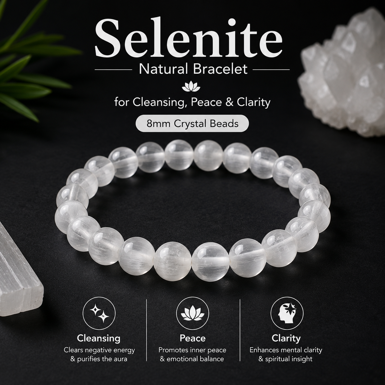 Selenite Bracelet for Cleansing, Peace & Clarity | 8mm Crystal Beads