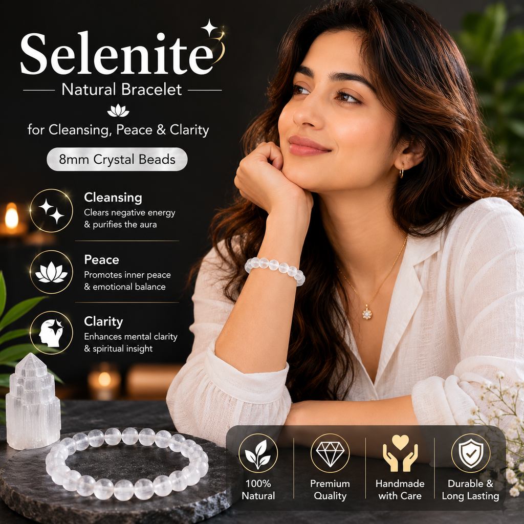 Selenite Bracelet for Cleansing, Peace & Clarity | 8mm Crystal Beads
