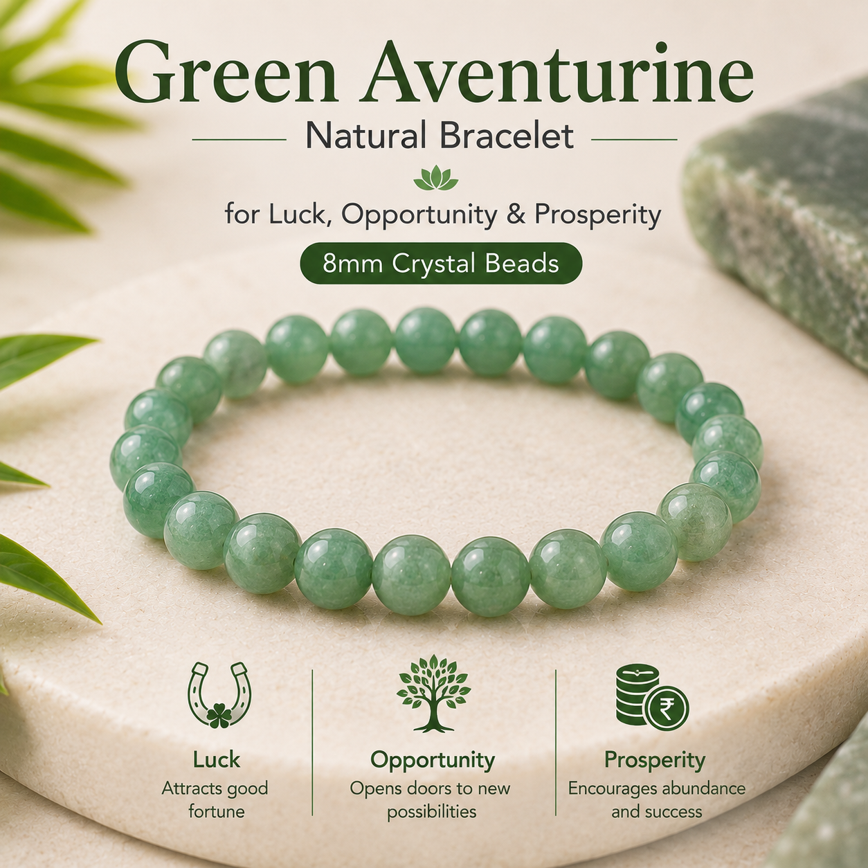 Green Aventurine Natural Bracelet for Luck, Opportunity & Prosperity | 8mm Crystal Beads