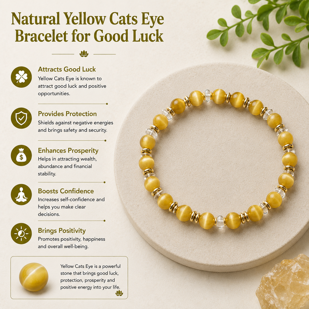 Natural Yellow Cats Eye Bracelet for Good Luck