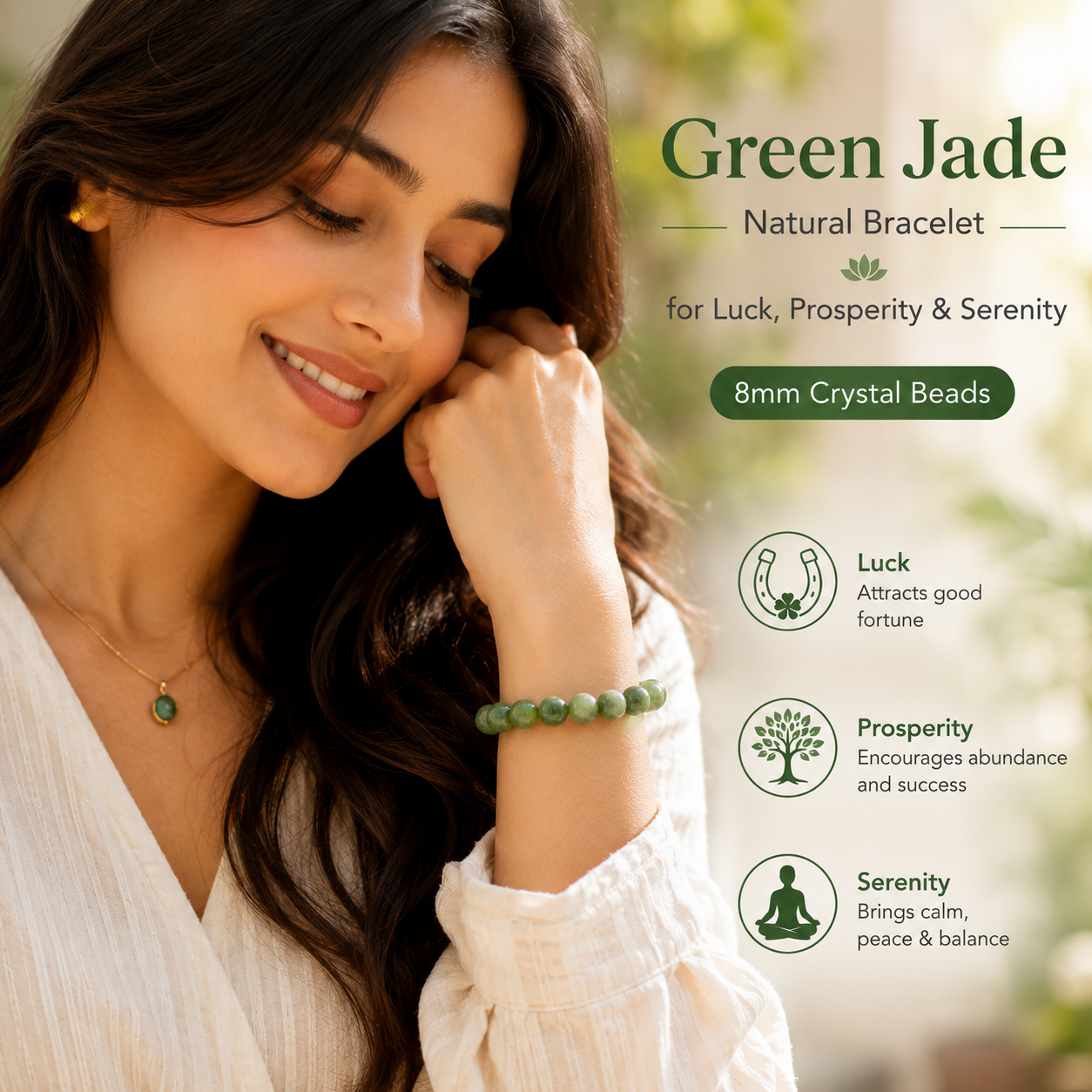 Green Jade Natural Bracelet for Luck, Prosperity & Serenity | 8mm Crystal Beads