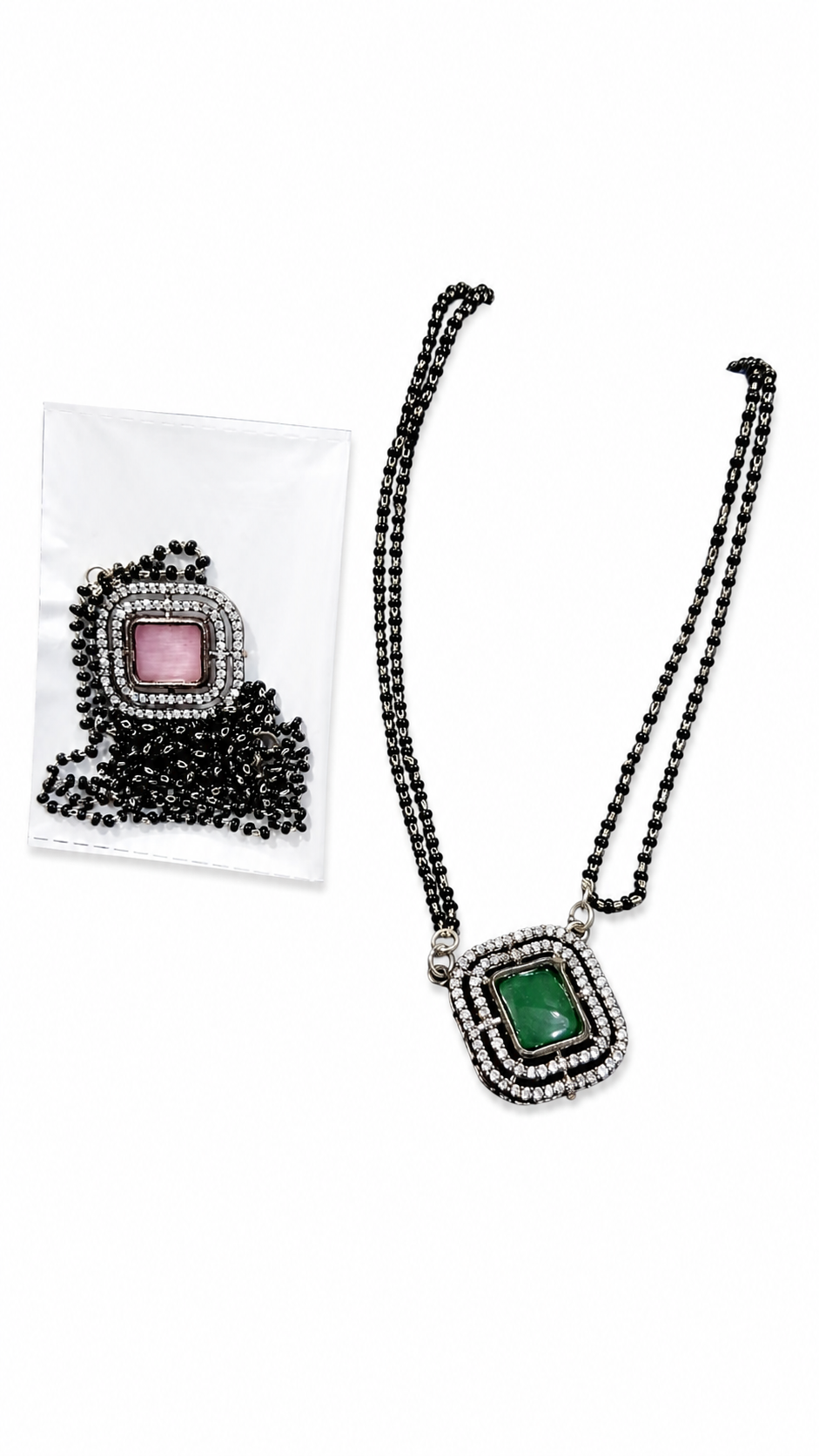 Designer Black Beads Pendant Necklace for Women | Artificial Mangalsutra Necklace | Green Stone Fashion Jewelry
