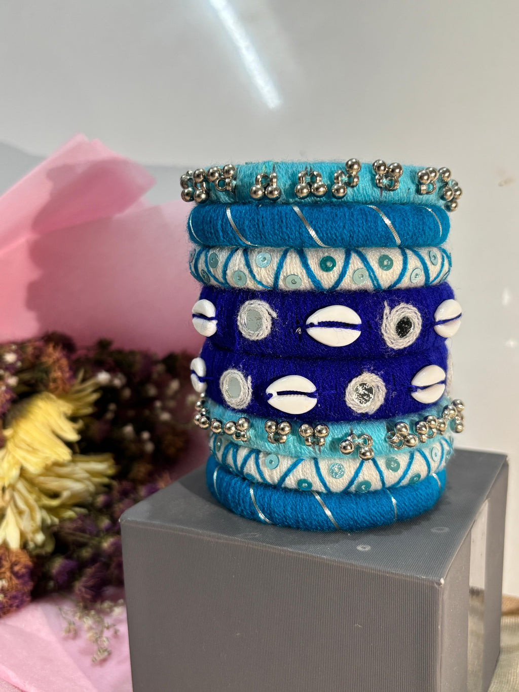 Handmade Blue Silk Thread Bangles Set for Women | Artificial Bangles with Cowrie Shell Work | Traditional Ethnic Jewelry