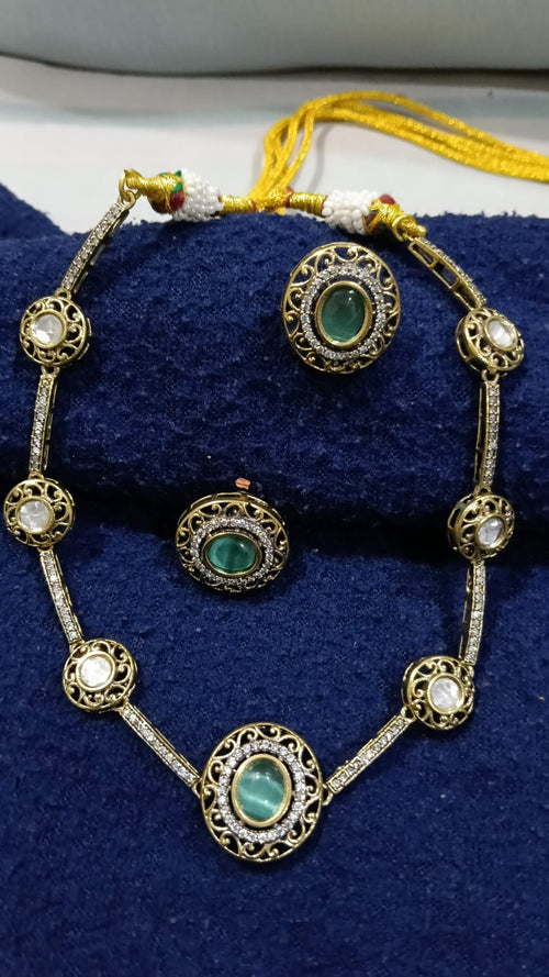 Green Stone Necklace Set for Women | Artificial Necklace with Earrings | Vintage Gold Tone Designer Jewelry