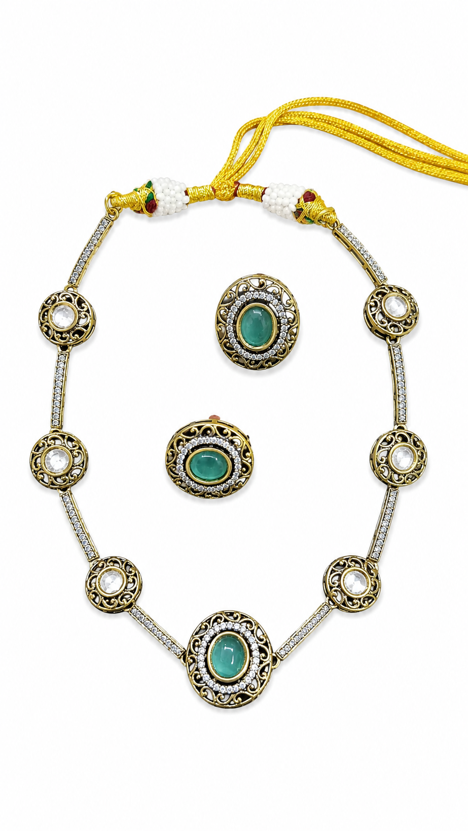 Green Stone Necklace Set for Women | Artificial Necklace with Earrings | Vintage Gold Tone Designer Jewelry