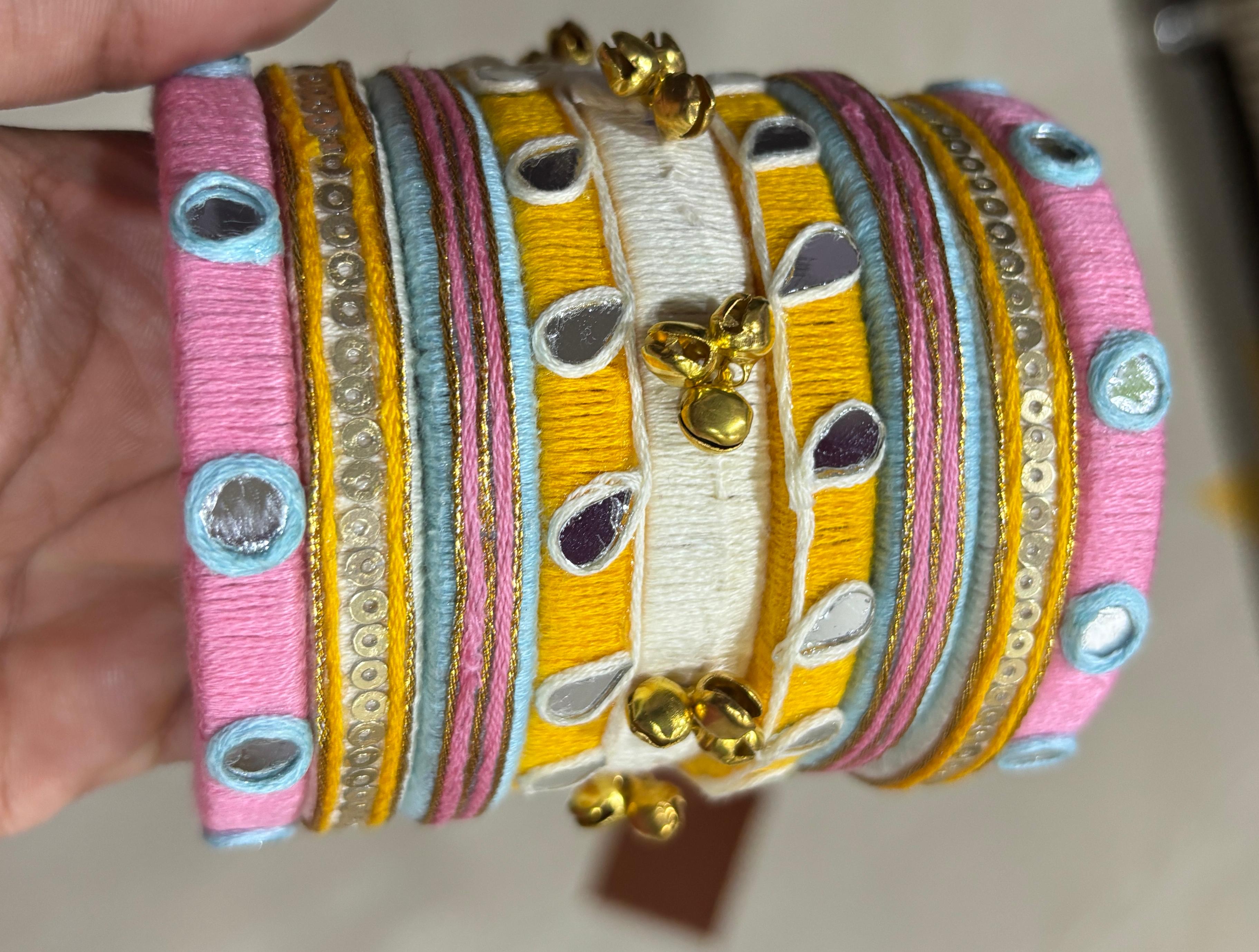 Multicolor Handmade Silk Thread Bangles Set for Women | Artificial Bangles with Mirror Work & Ghungroo Design