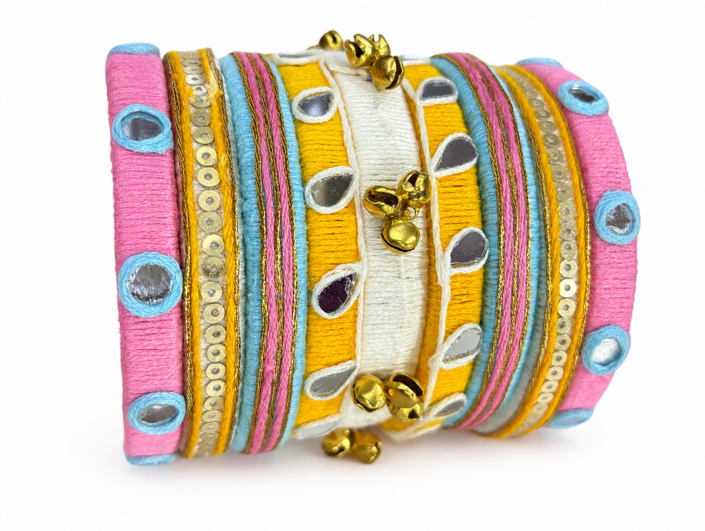 Multicolor Handmade Silk Thread Bangles Set for Women | Artificial Bangles with Mirror Work & Ghungroo Design