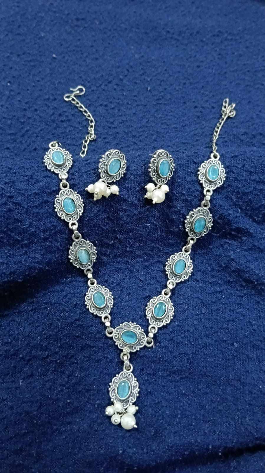 Oxidised Blue Stone Necklace Set for Women | Artificial Silver Necklace with Earrings | Vintage Ethnic Jewelry