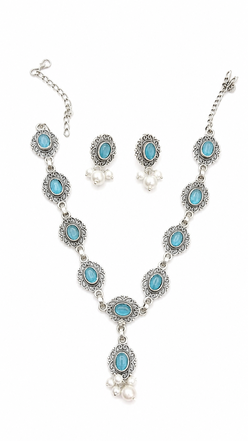 Oxidised Blue Stone Necklace Set for Women | Artificial Silver Necklace with Earrings | Vintage Ethnic Jewelry
