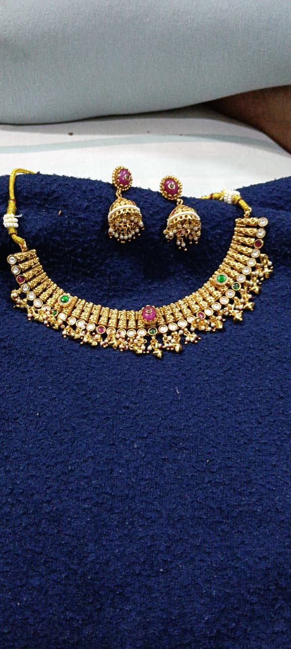 Traditional Temple Choker Necklace Set for Women | Artificial Gold Plated Necklace with Jhumka Earrings | Bridal Ethnic Jewelry