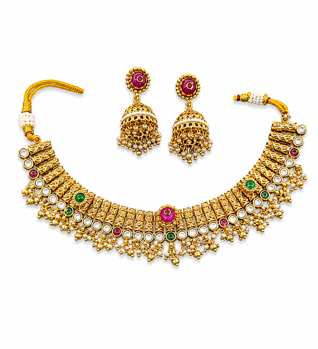 Traditional Temple Choker Necklace Set for Women | Artificial Gold Plated Necklace with Jhumka Earrings | Bridal Ethnic Jewelry