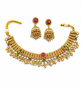 Traditional Temple Choker Necklace Set for Women | Artificial Gold Plated Necklace with Jhumka Earrings | Bridal Ethnic Jewelry