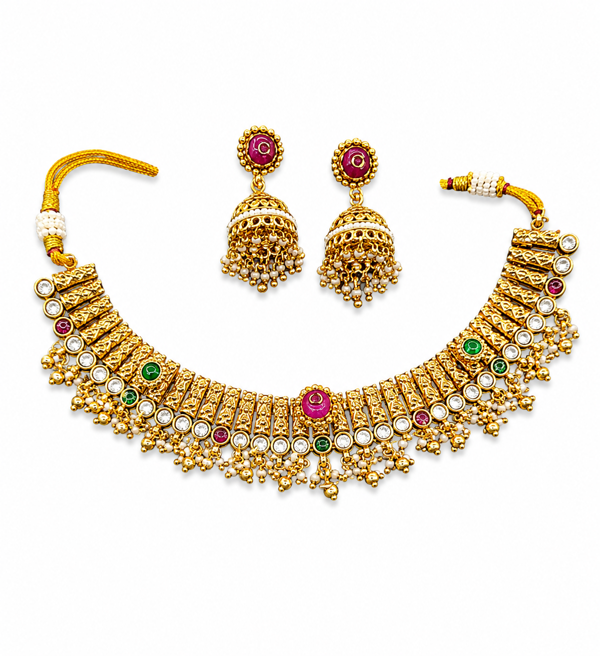 Traditional Temple Choker Necklace Set for Women | Artificial Gold Plated Necklace with Jhumka Earrings | Bridal Ethnic Jewelry
